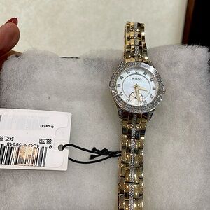 Bulova Womens Watch 98L283 Quartz Crystal Accent Mother of Pearl Dial Gold Steel
